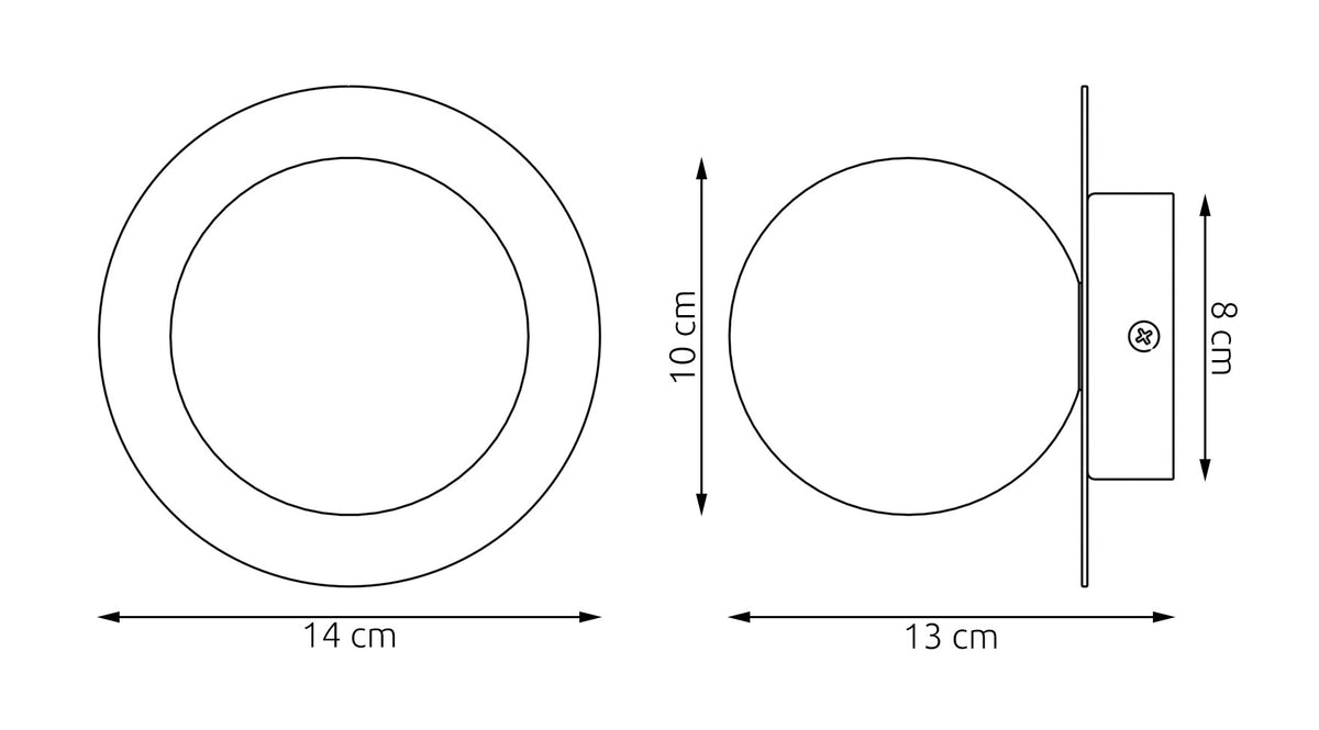 Schéma coté de face et de profil : 14 cm de large, 13 cm de profondeur.