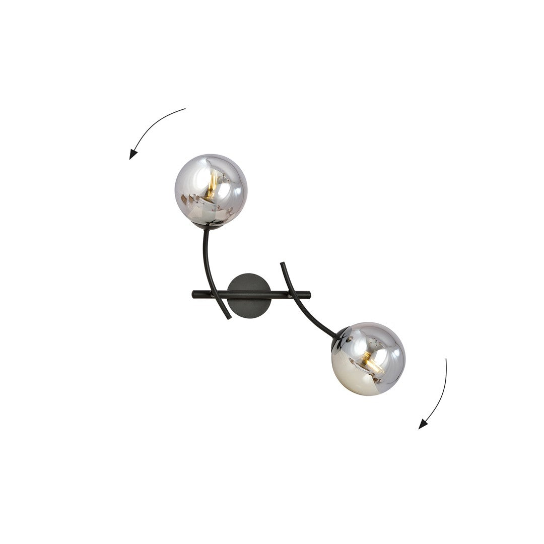 Schéma de rotation des deux globes en verre fumé sur leurs bras métalliques noirs.