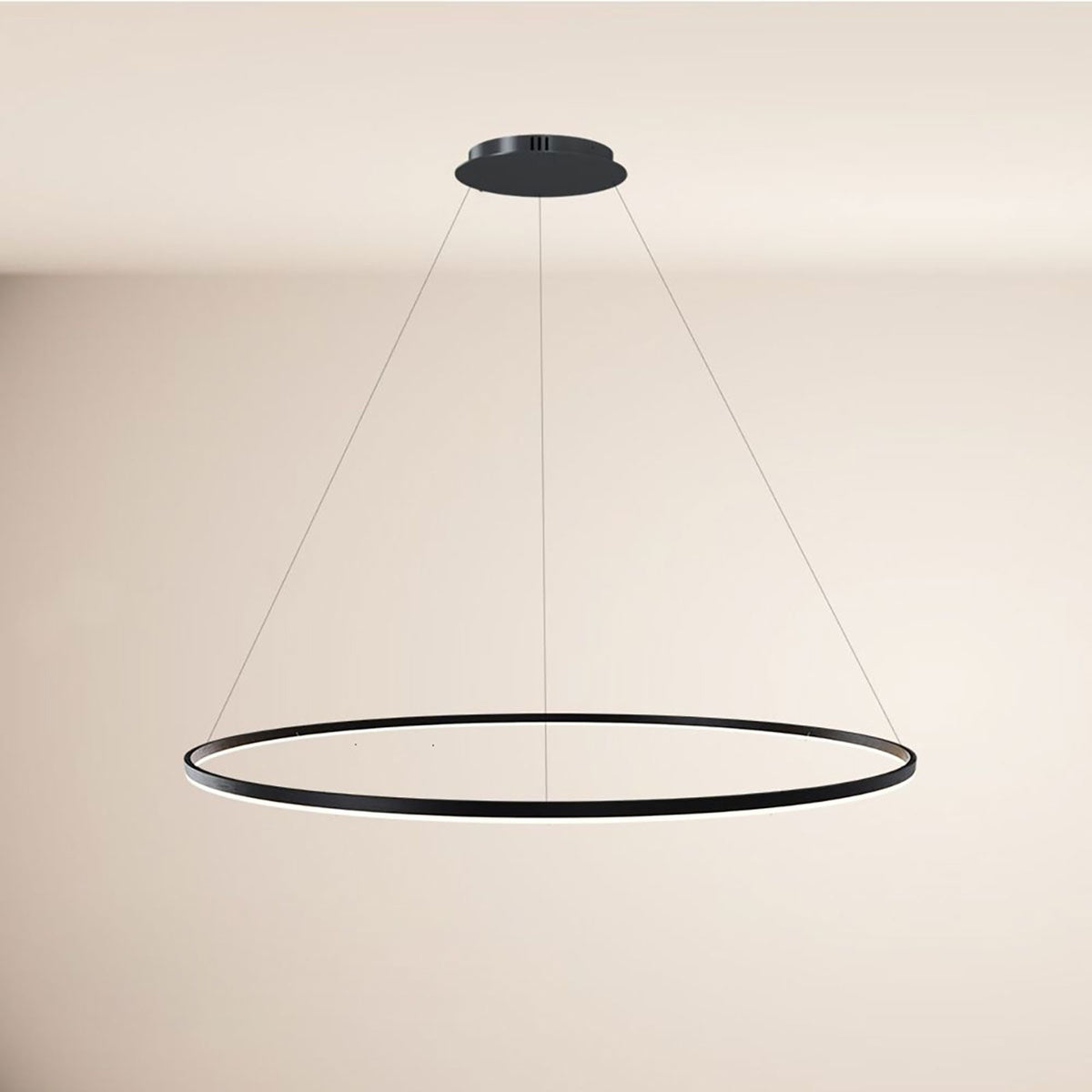Suspension anneau noir vue de face, câbles fins et socle de plafond sombre