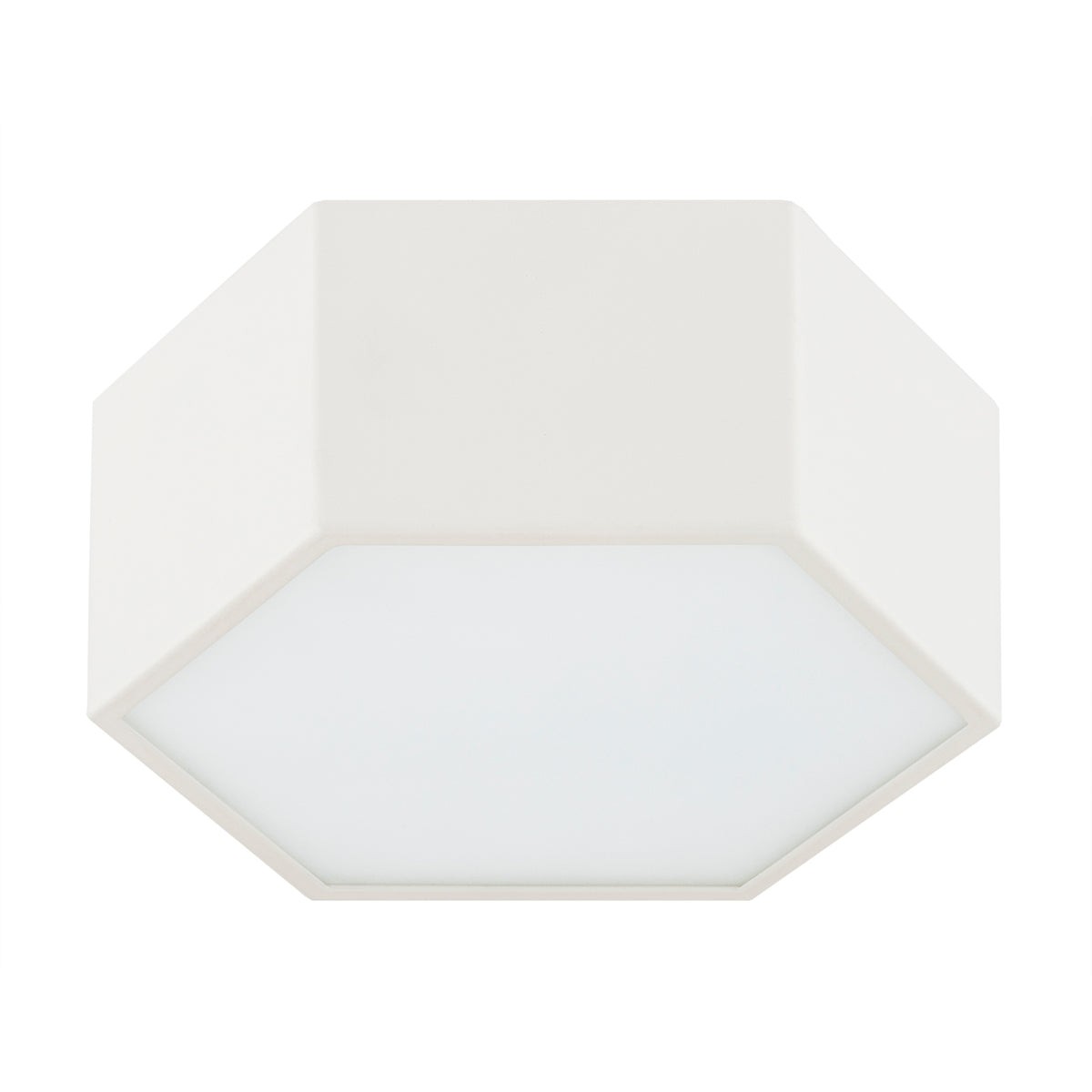 Plafonnier hexagonal blanc éteint, vue de face avec diffuseur opalin