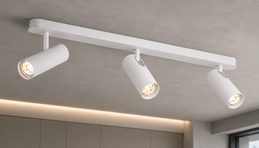 Spot blanc fixé au plafond béton, trois cylindres inclinés éclairant la pièce