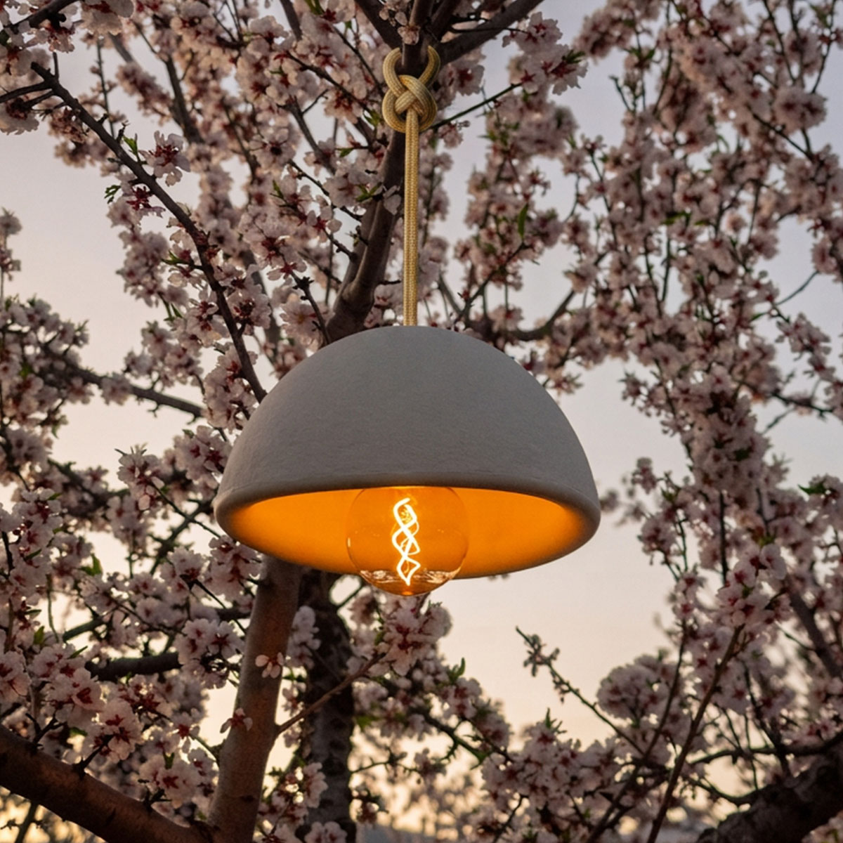 Vue rapprochée du luminaire suspendu parmi les fleurs, cordon textile et ampoule filament visible.