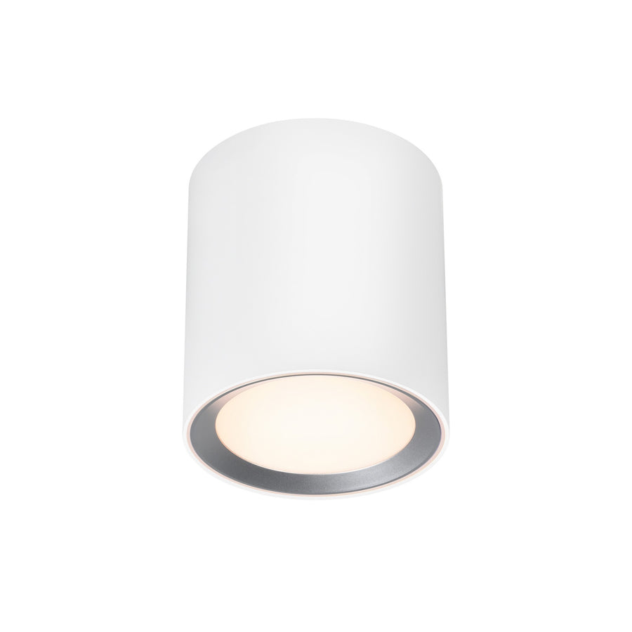 Vue de côté du luminaire cylindrique blanc avec anneau argenté et diffuseur chaud allumé.