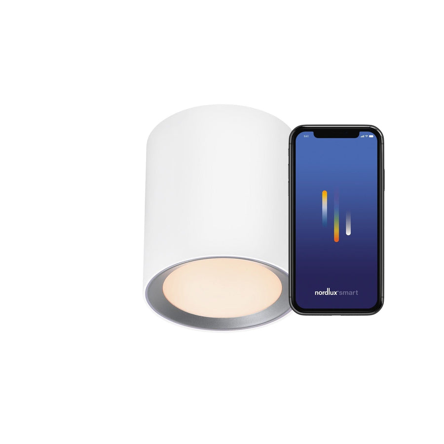 Vue produit du luminaire et de l'écran de réglage de luminosité sur téléphone