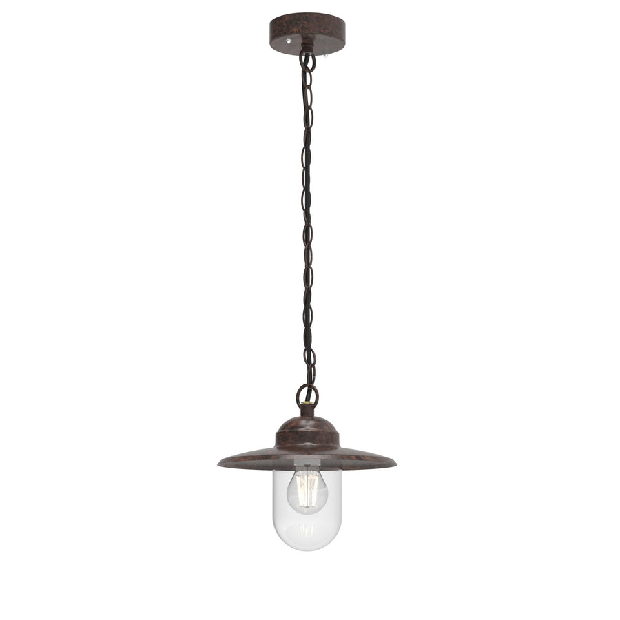 Suspension extérieure rouille avec chaîne, abat-jour rond et verre transparent.