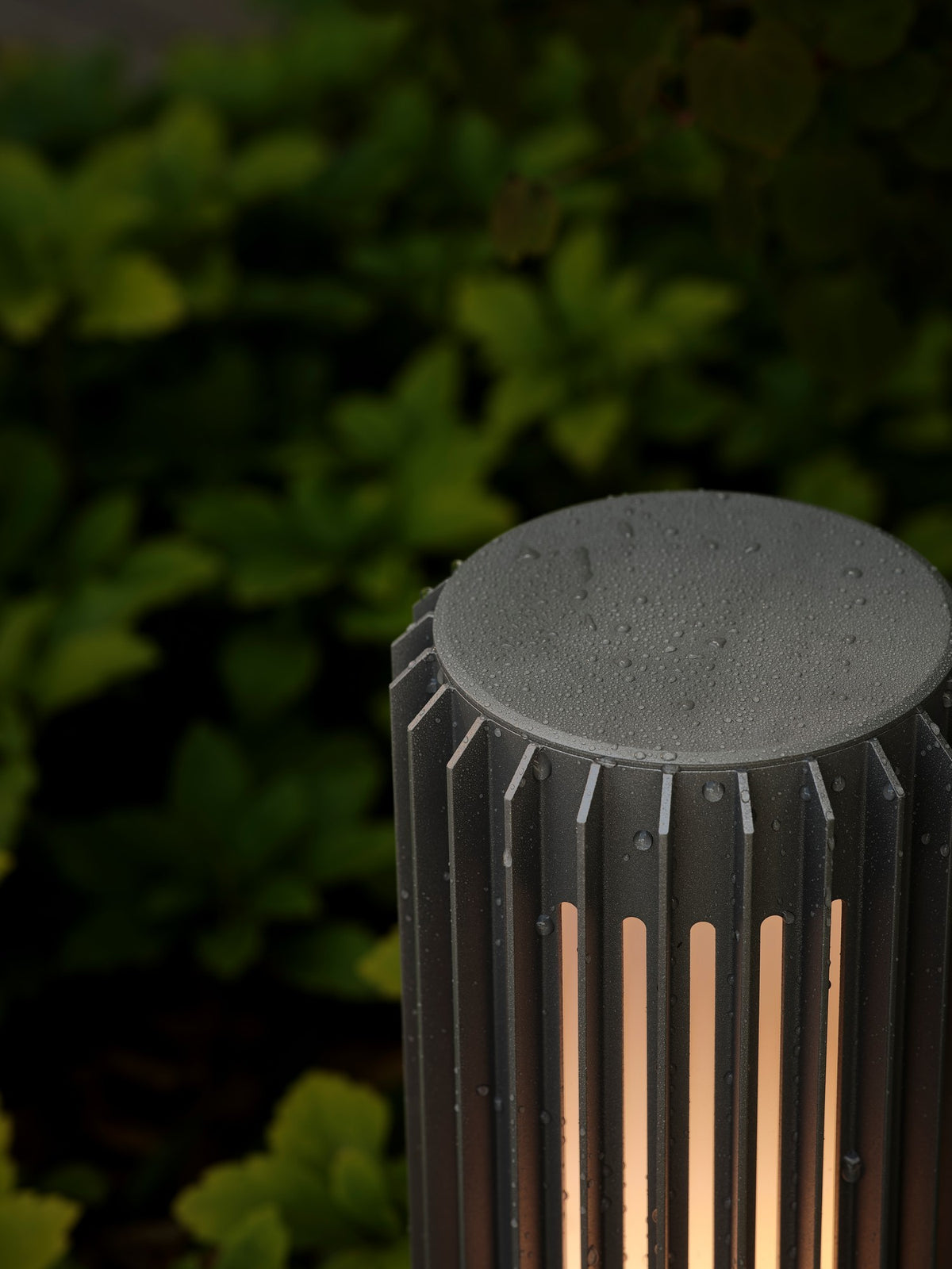 Détail rapproché du chapeau de la borne couvert de gouttes de pluie