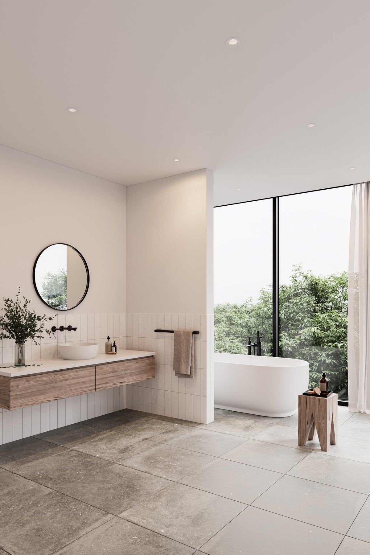 Mise en ambiance d'une salle de bain moderne avec spots encastrés au plafond.
