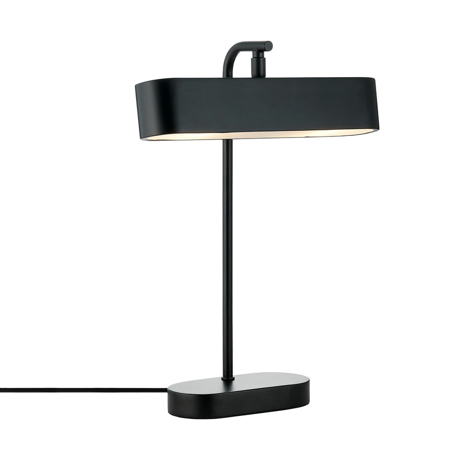 Lampe à poser noire de face sur fond blanc, abat-jour cylindrique