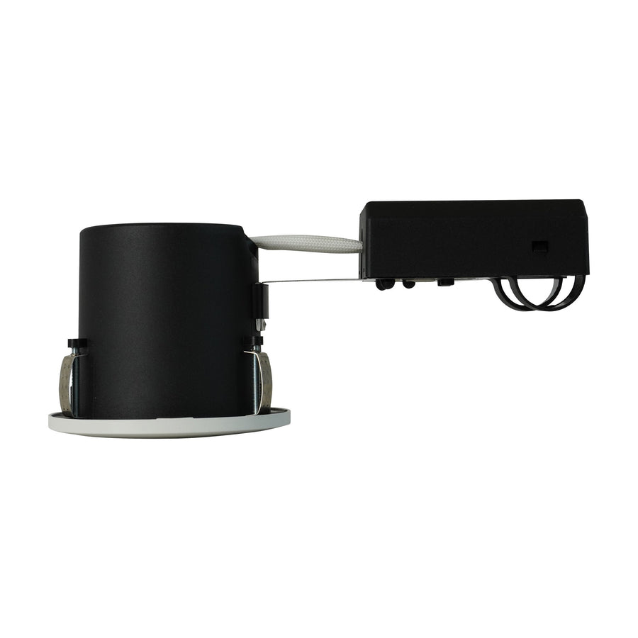Profil du spot à collerette blanche, corps cylindrique noir et clips métalliques
