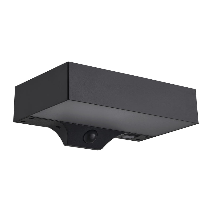 Vue en contre-plongée du boîtier noir, diffuseur éteint et capteur de présence apparent