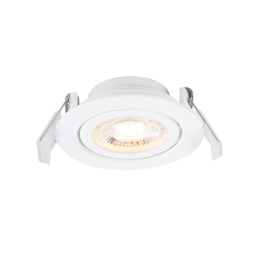 Spot encastrable blanc orientable vu de face avec ressorts de fixation apparents.