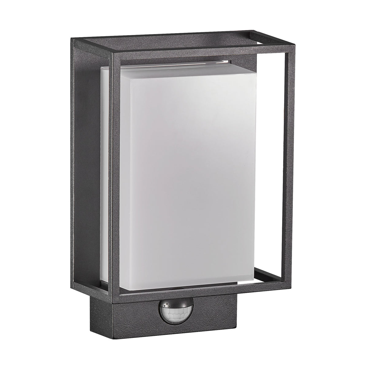 Vue de face du luminaire rectangulaire noir éteint, cadre ouvert et détecteur inférieur.