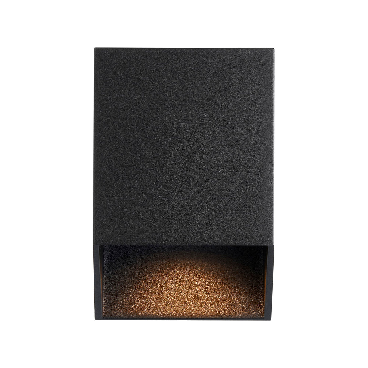 Vue de face de l'applique noire allumée, diffuseur verre laissant passer une lumière chaude.