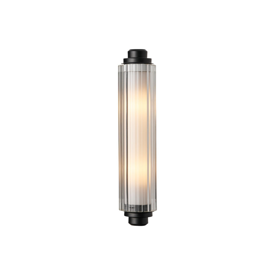 Diffuseur cylindrique en verre strié avec embouts noirs, isolé sur fond blanc.