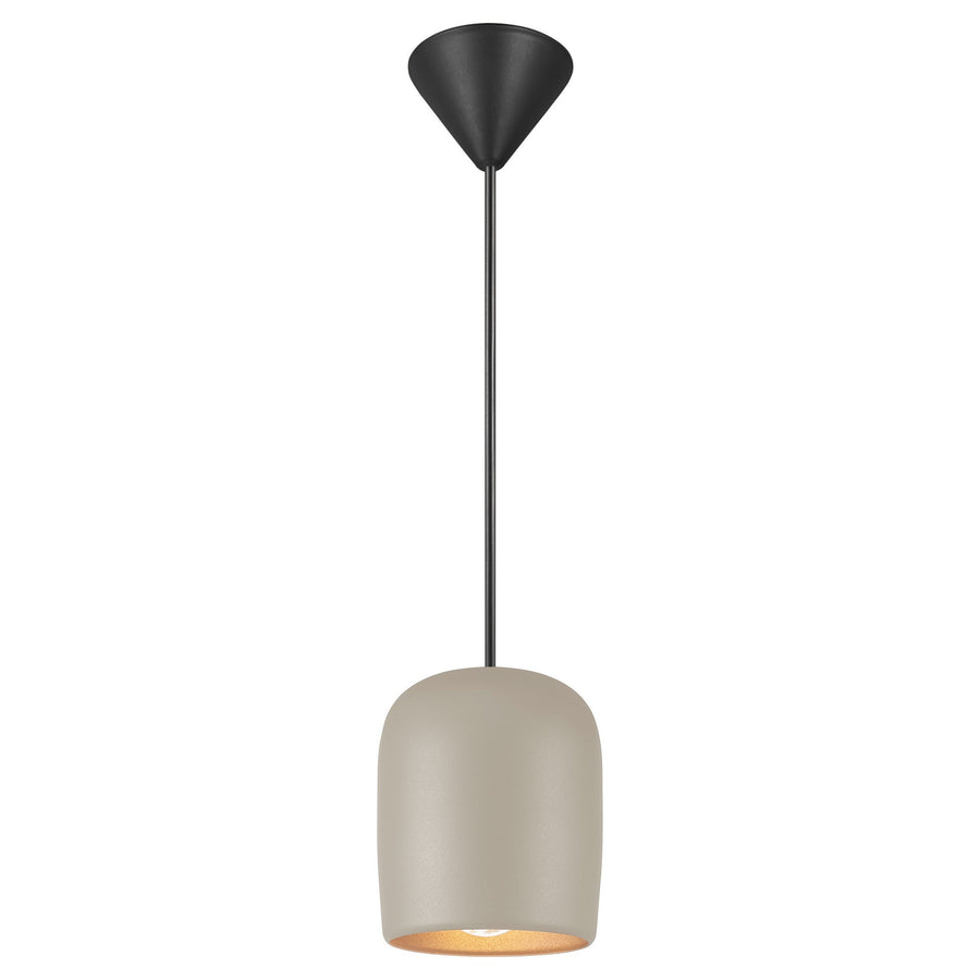 Suspension beige à abat-jour cylindrique, câble et rosace noirs, vue de face sur fond blanc.
