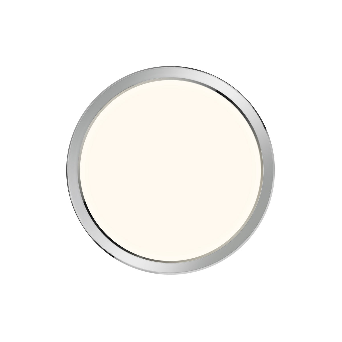 Vue de face du luminaire rond, finition chromée et diffuseur blanc ivoire uniforme