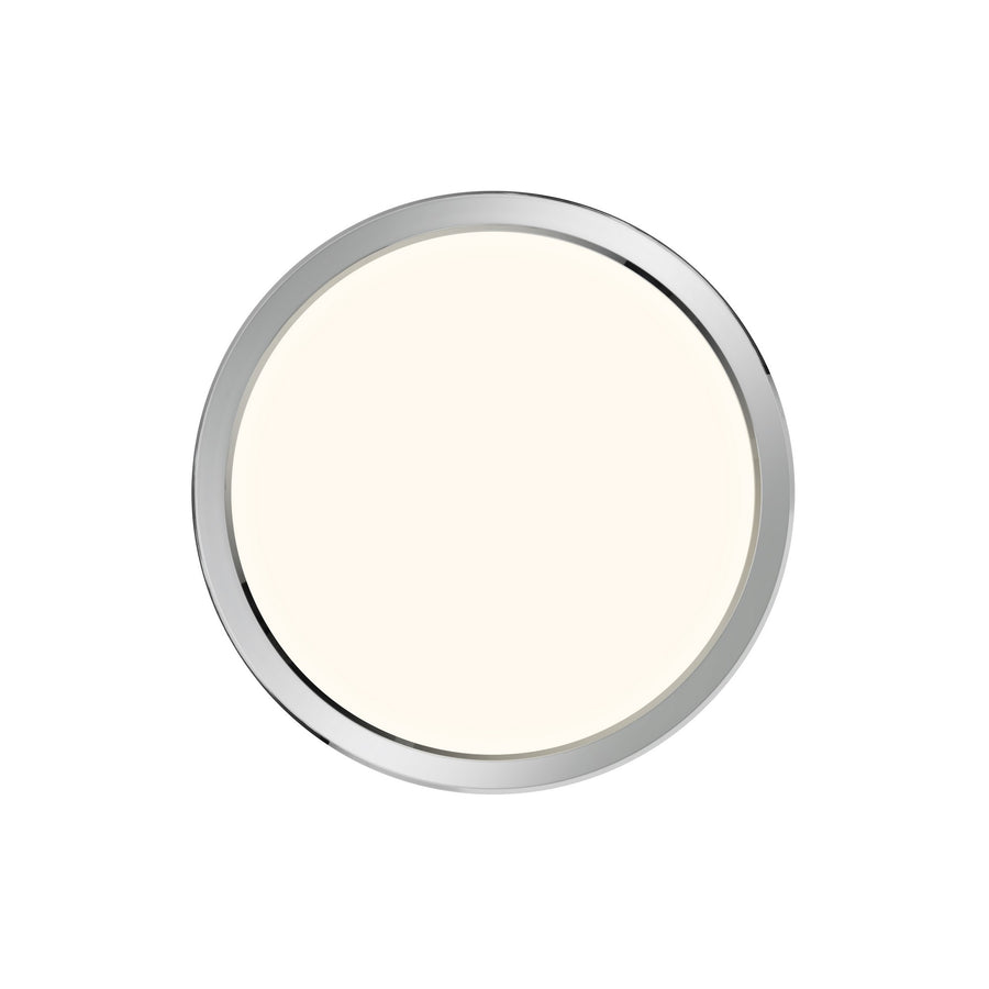 Vue de face du luminaire rond, finition chromée et diffuseur blanc ivoire uniforme