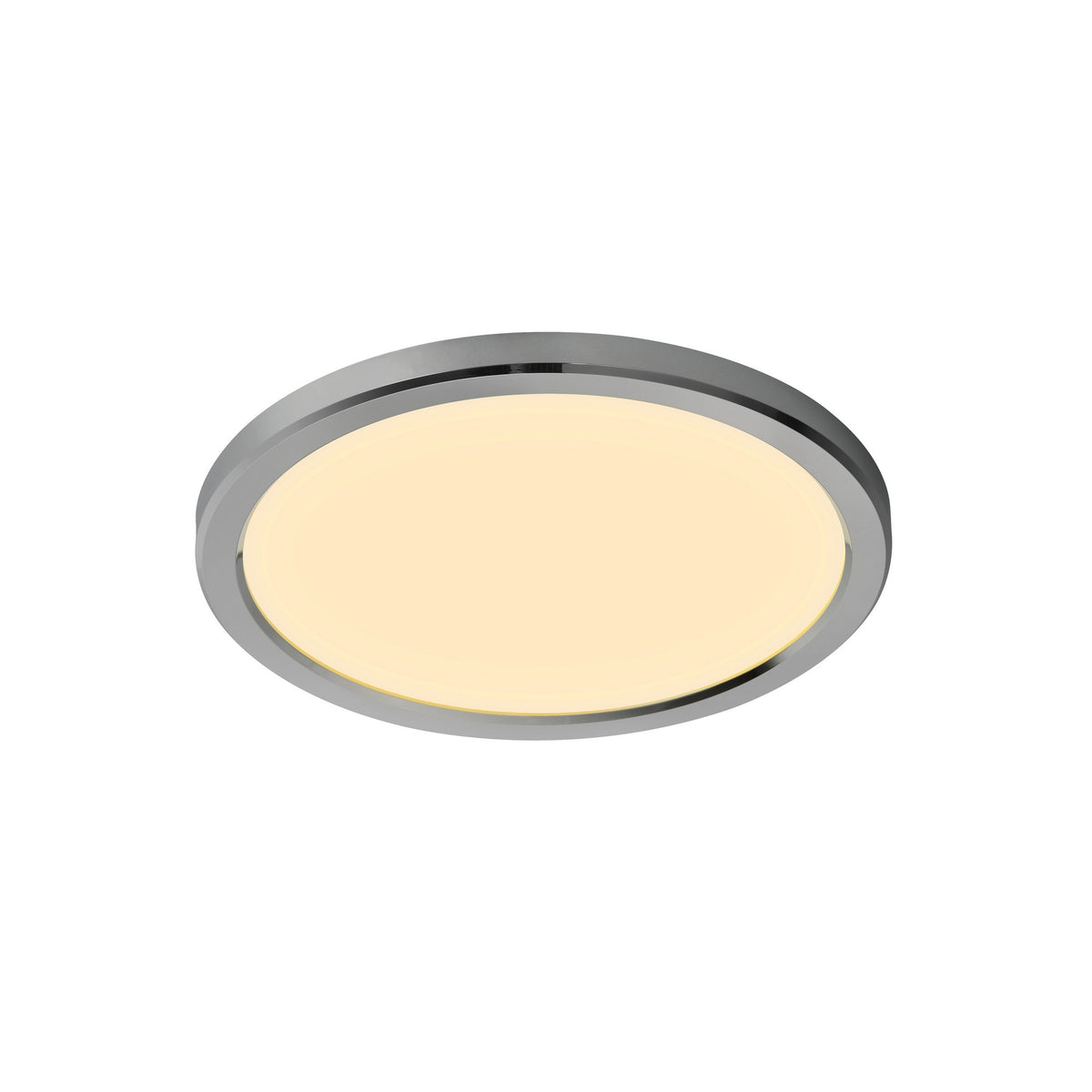 Trois quarts du plafonnier allumé en lumière blanche neutre, contour chromé fin
