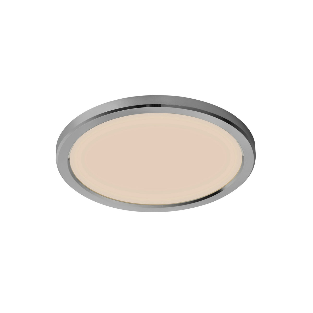 Même plafonnier éclairé en blanc chaud doré, diffuseur opalin sans halo