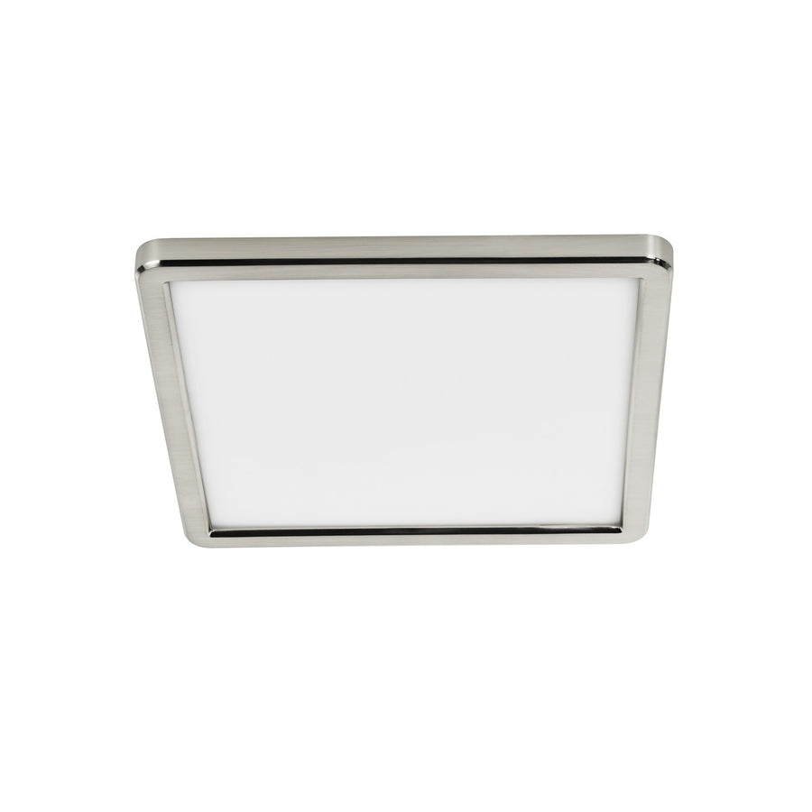 Vue en perspective du plafonnier carré LED avec cadre en nickel et diffuseur opalin
