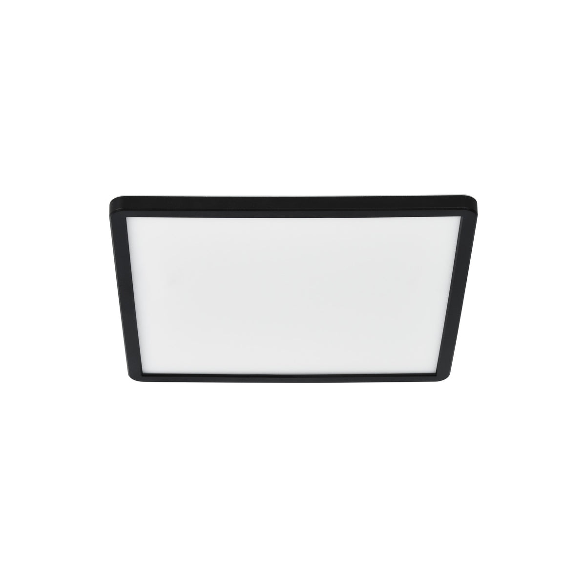 Vue en perspective du luminaire éteint, diffuseur blanc et rebord noir légèrement incliné