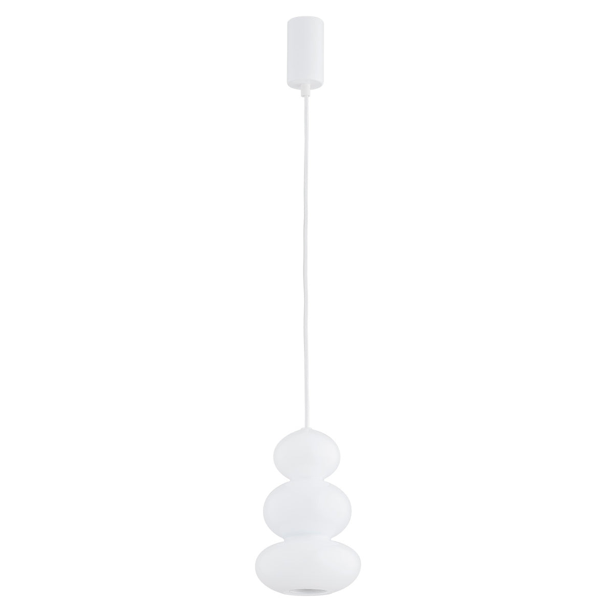 Suspension blanche composée de trois globes empilés, suspendue par un câble blanc sur fond neutre.