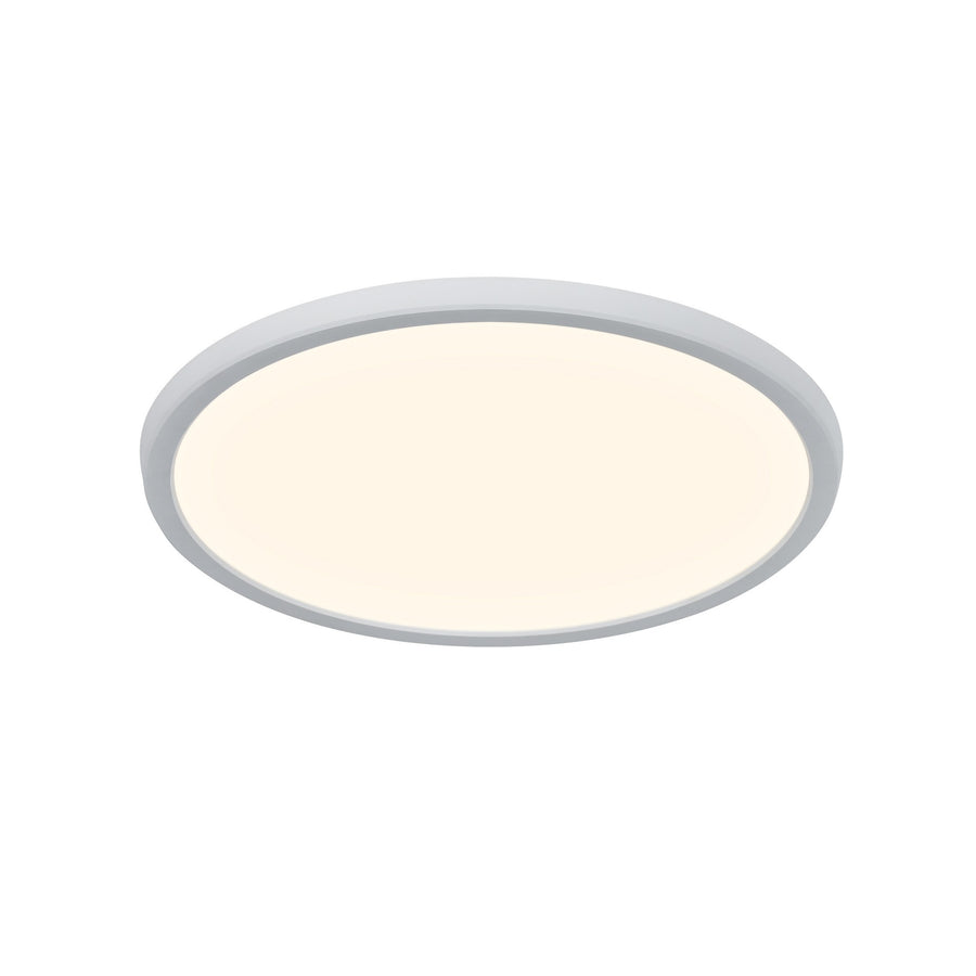 Plafonnier LED rond blanc vu de trois quarts, diffuseur opalin allumé