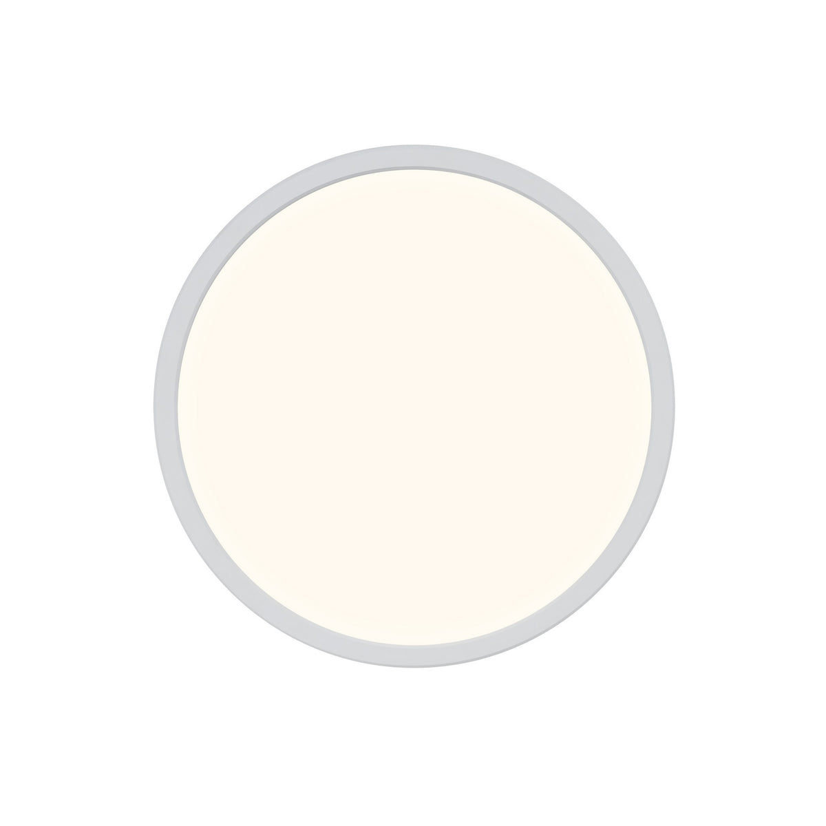 Vue de face du plafonnier LED rond blanc, cerclage gris et large diffuseur lumineux.