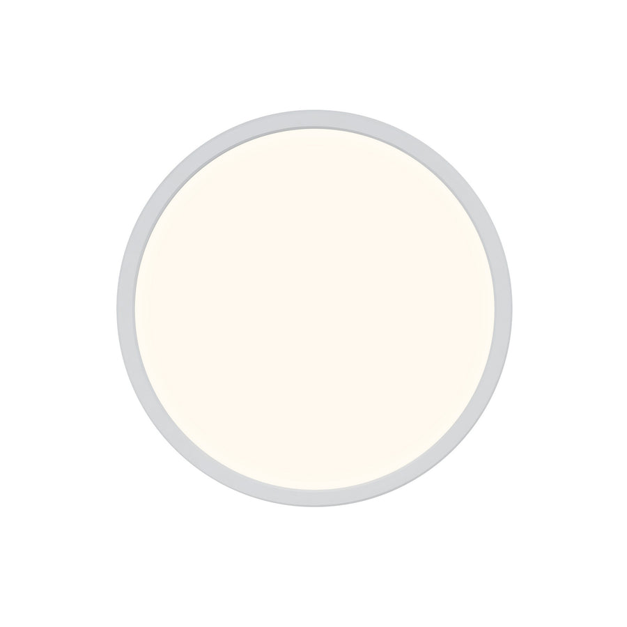 Vue de face du plafonnier LED rond blanc, cerclage gris et large diffuseur lumineux.