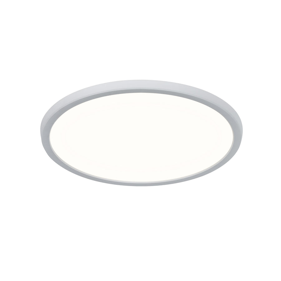 Vue rapprochée du plafonnier LED rond blanc, cerclage gris et surface lumineuse uniforme.
