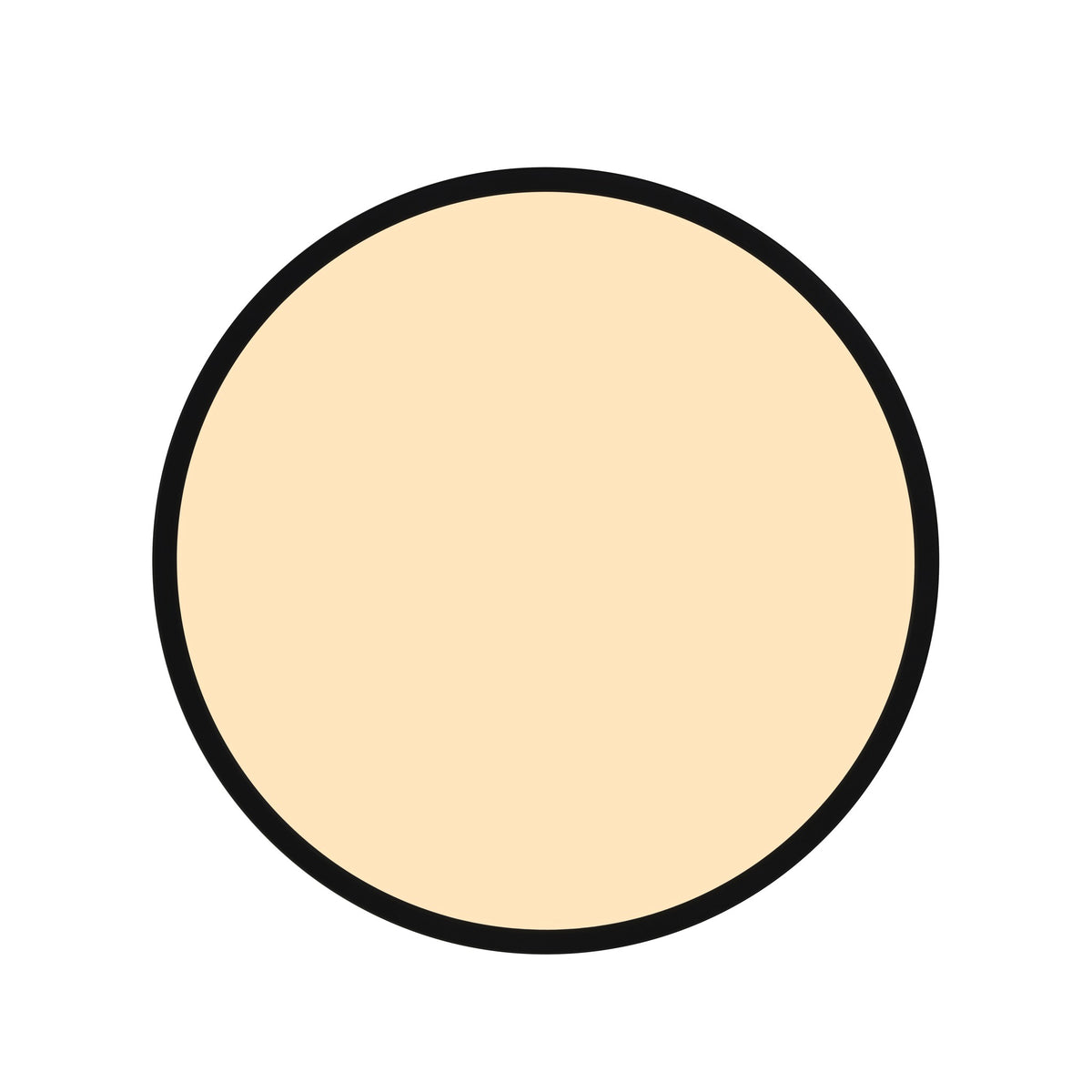 Face parfaitement circulaire du luminaire noir avec diffuseur beige éclairé.