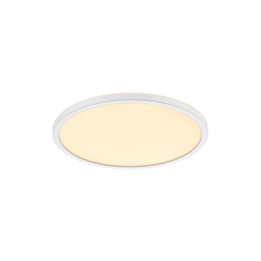 Plafonnier rond blanc de face, diffuseur opale allumé en lumière chaude