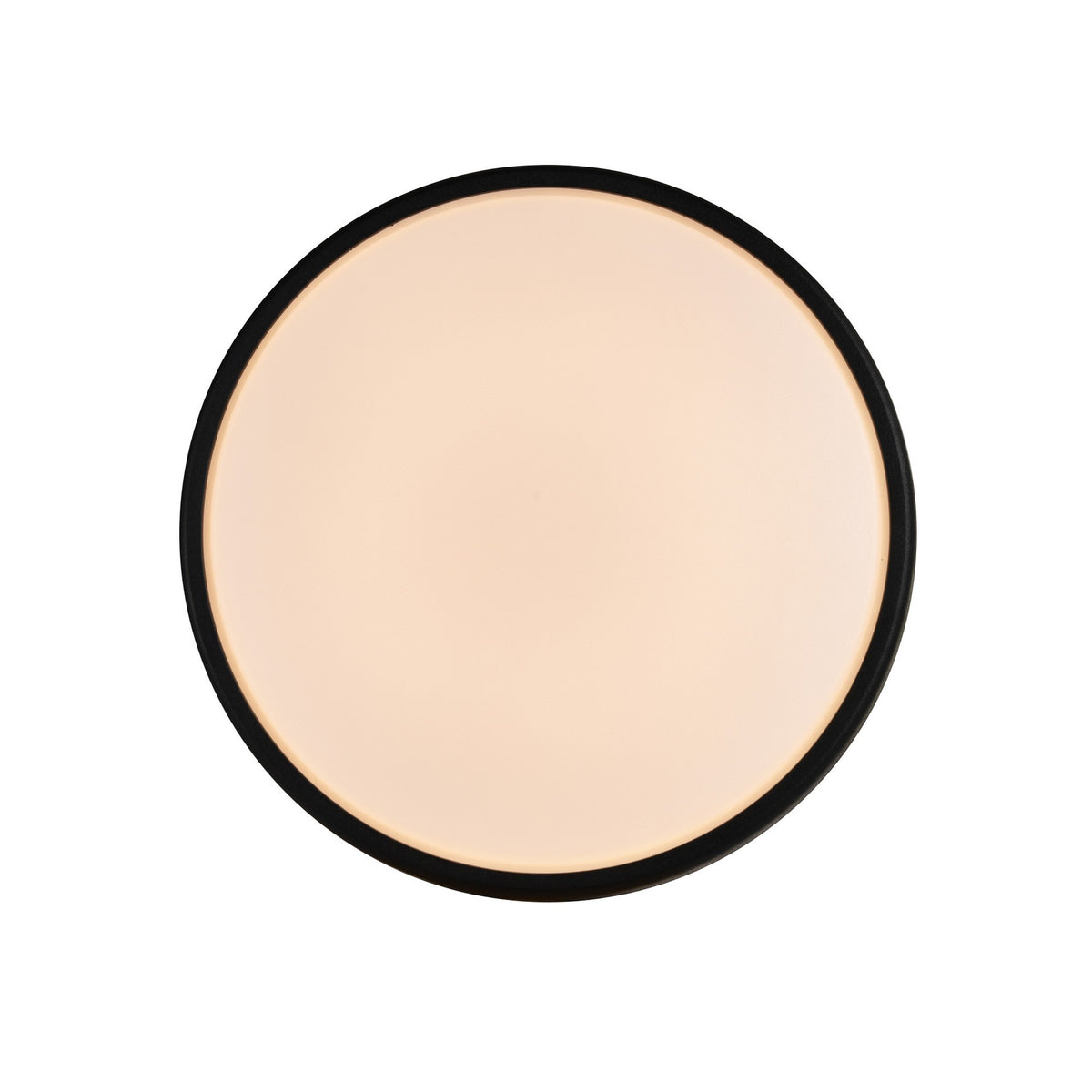 Vue de face de l'applique ronde au diffuseur allumé, entouré d'un cerclage noir
