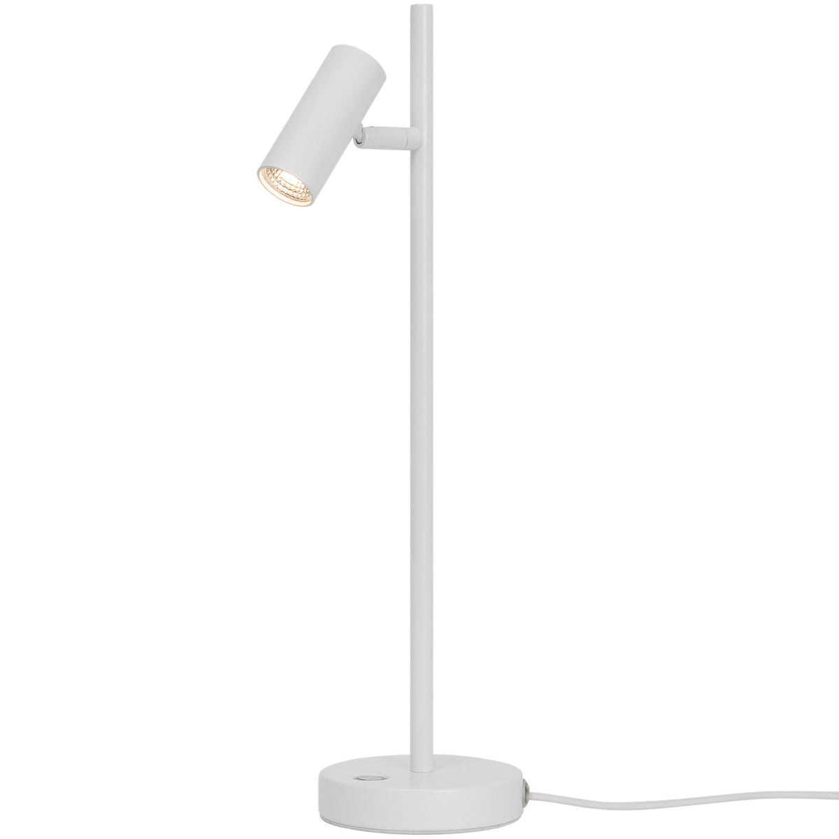 Second angle de la lampe blanche, montrant le spot incliné et le cordon d'alimentation.