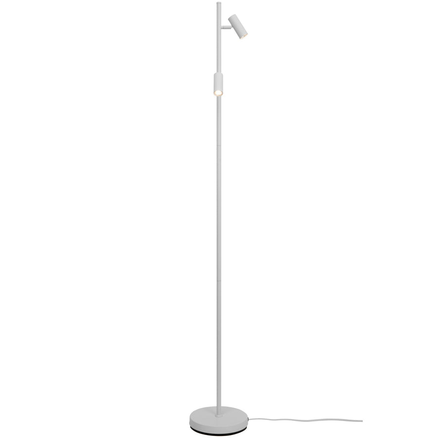 Vue de trois quarts du lampadaire blanc avec ses deux spots orientables sur tige.
