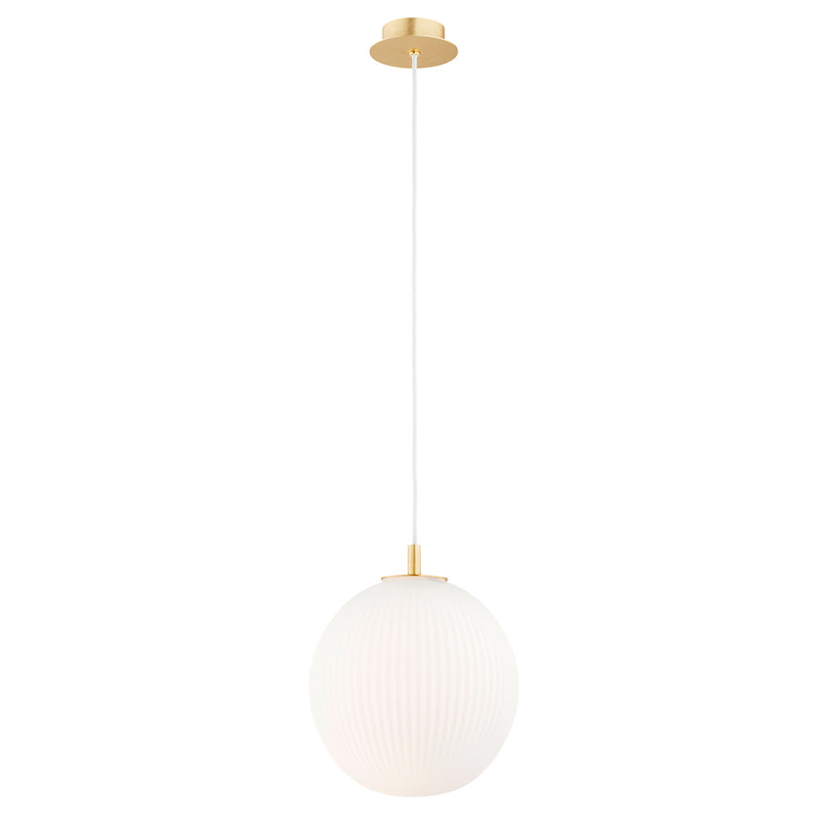 Vue de face de la suspension : sphère en verre blanc strié et câble blanc.