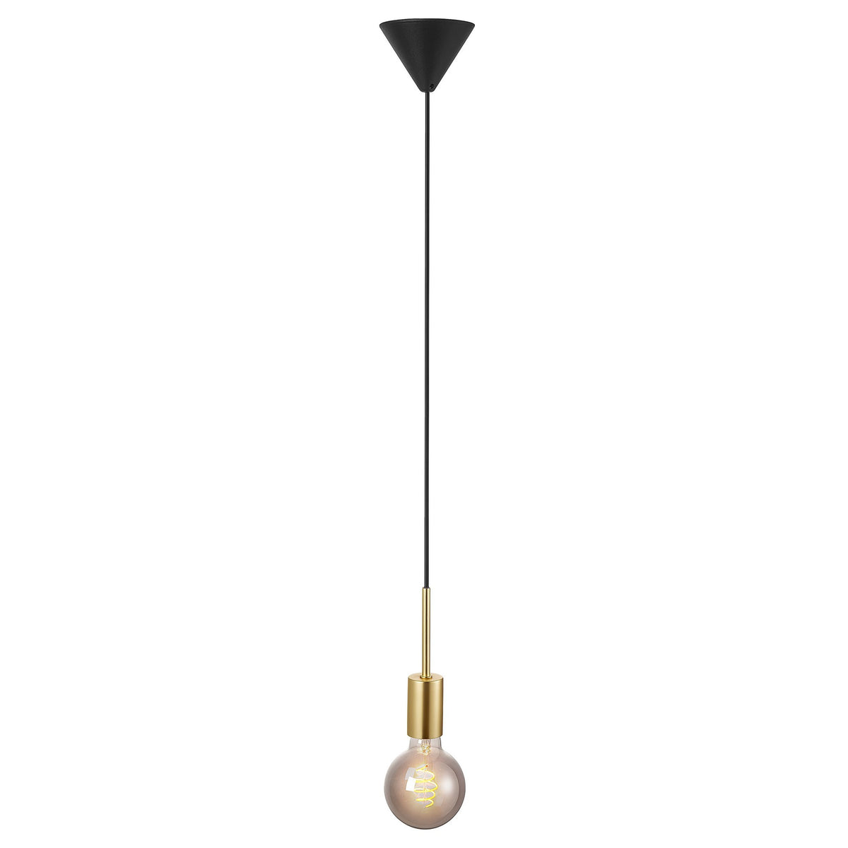 Produit entier avec ampoule à filament, câble noir et finition laiton.