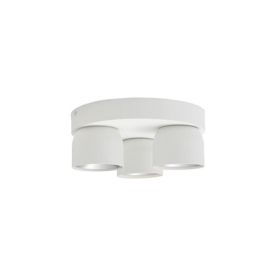 Vue en angle du plafonnier blanc, trois projecteurs cylindriques orientables