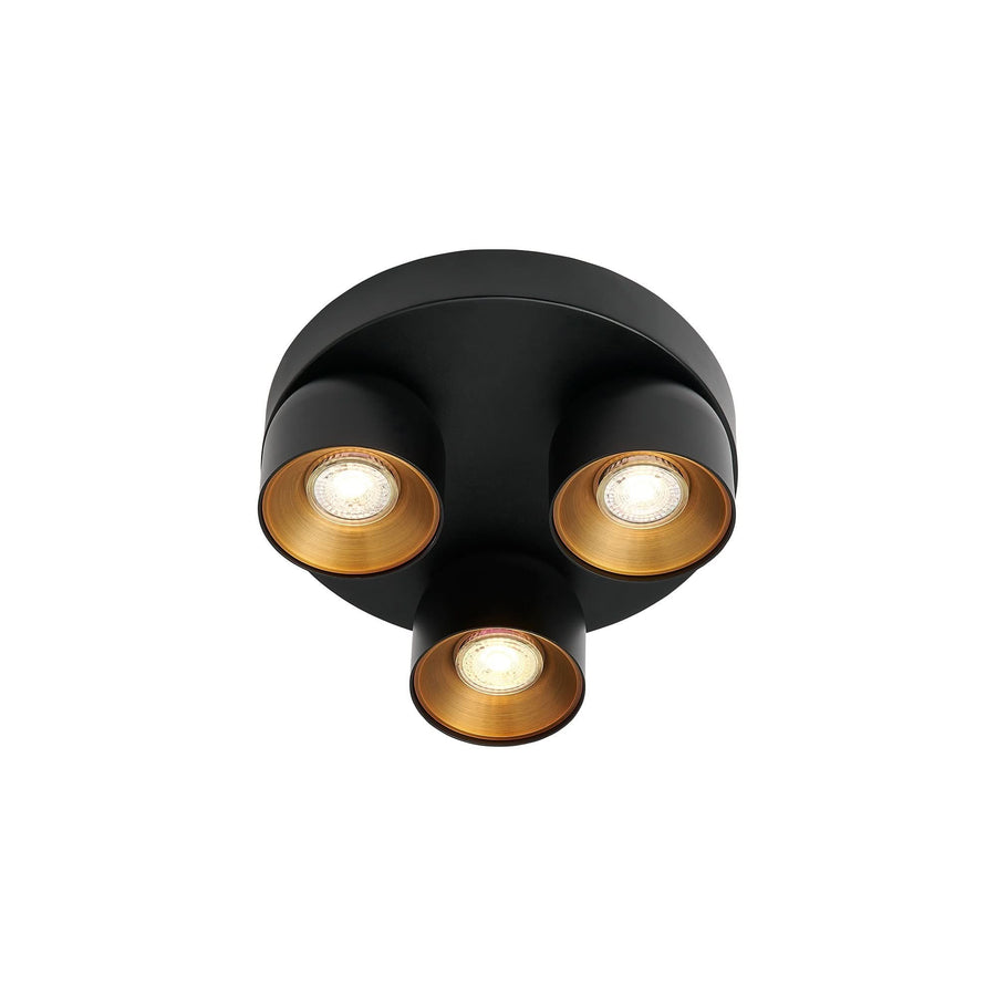 Plafonnier noir à trois spots orientables, intérieurs dorés, vue de face