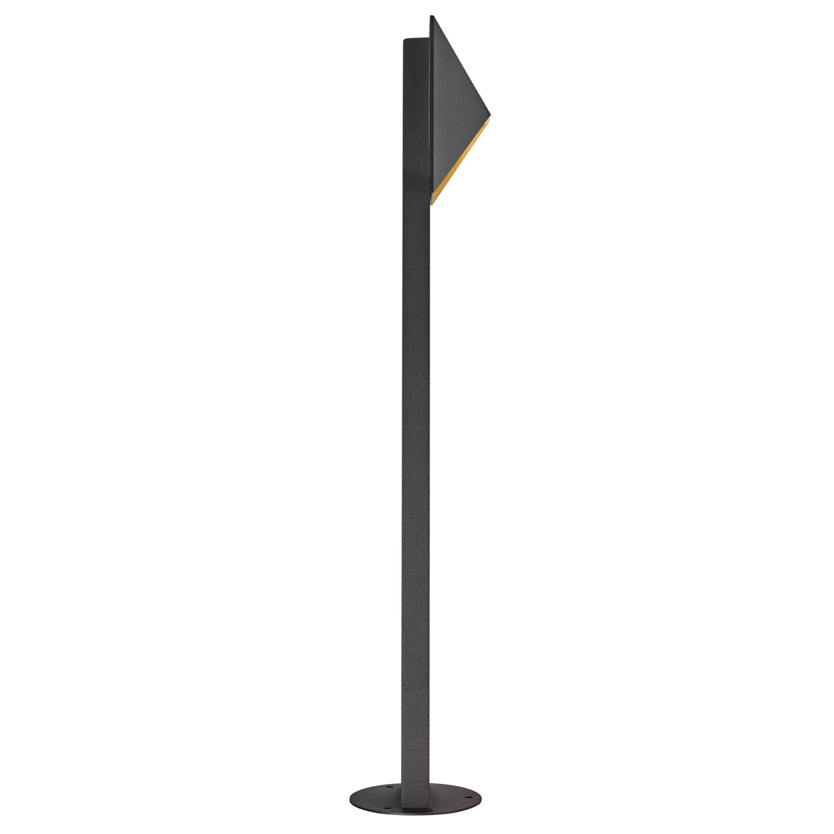 Profil gauche du luminaire, tête triangulaire saillante et fût rectangulaire noir