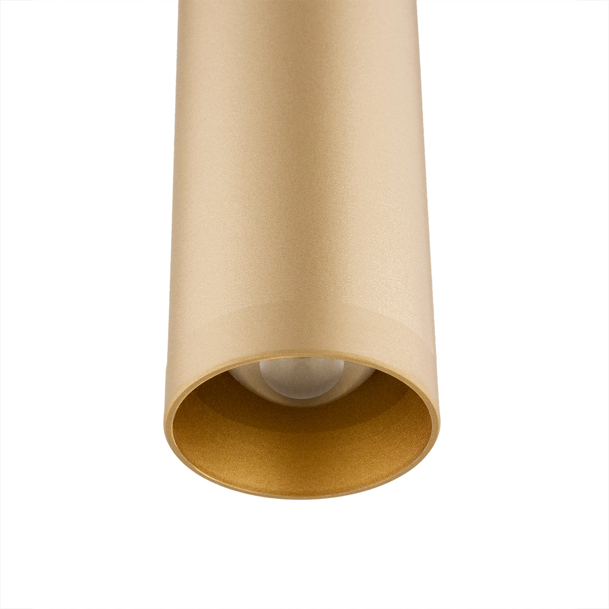 Détail du bas du tube doré, ampoule et réflecteur intérieur doré visibles