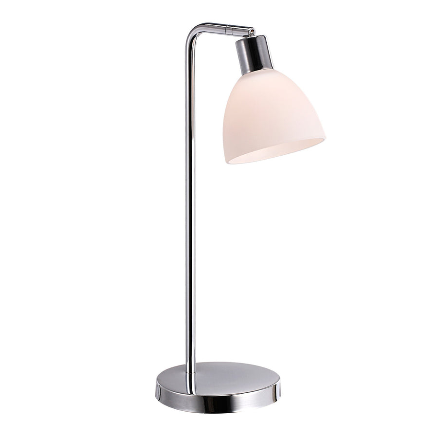 Lampe à poser chromée, abat-jour conique en verre opalin blanc, bras coudé.