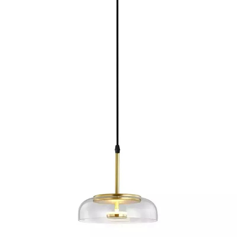 Vue de face du luminaire seul sur fond blanc, abat-jour en verre transparent