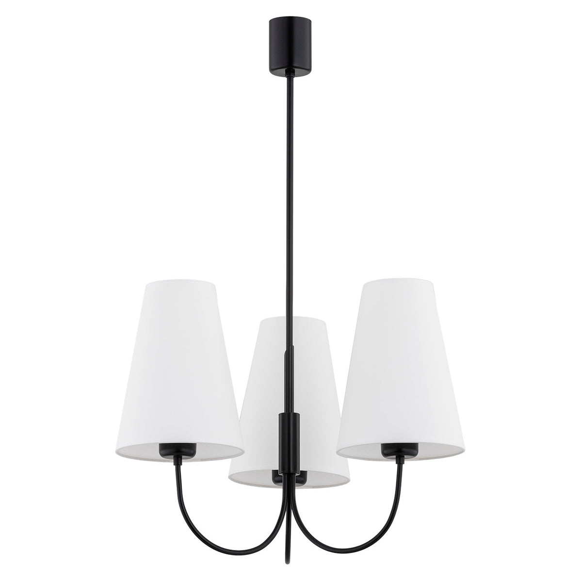 Version noire du luminaire suspendu, abat-jours blancs coniques et bras recourbés.