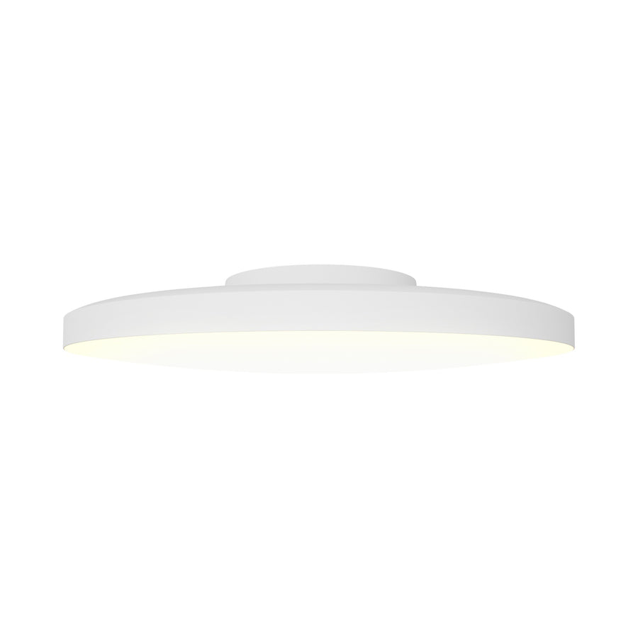 Vue de profil du luminaire blanc, fin liseré lumineux jaune sous la coupole