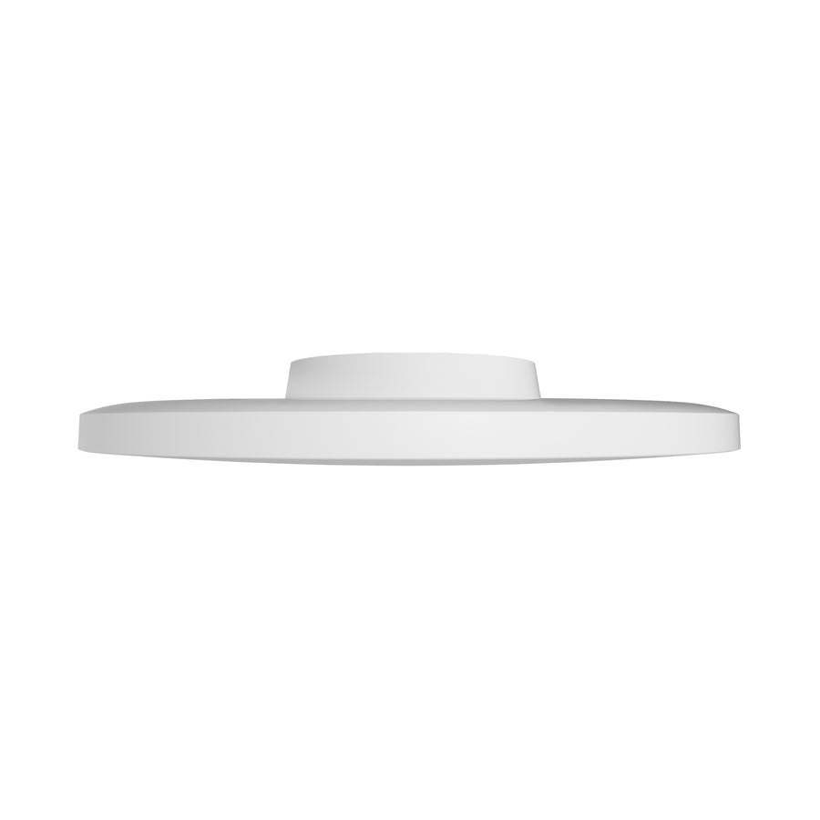Profil bas du plafonnier, socle central bombé surmontant le large disque blanc