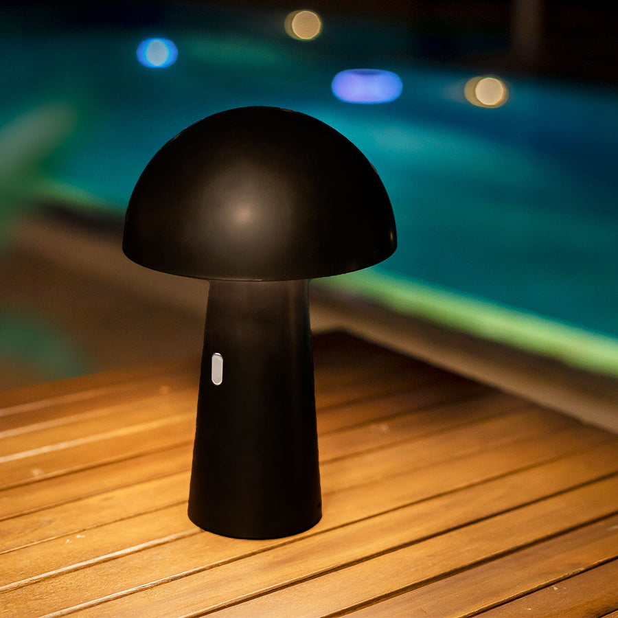 Lampe noire de face sur plancher en bois, éclairant légèrement le bord de piscine