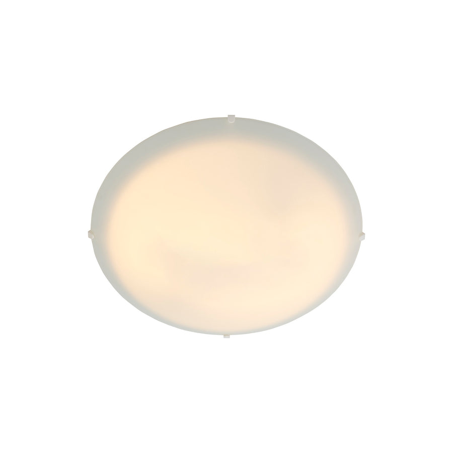 Plafonnier rond en verre opalin blanc, vue de face allumée sur fond neutre
