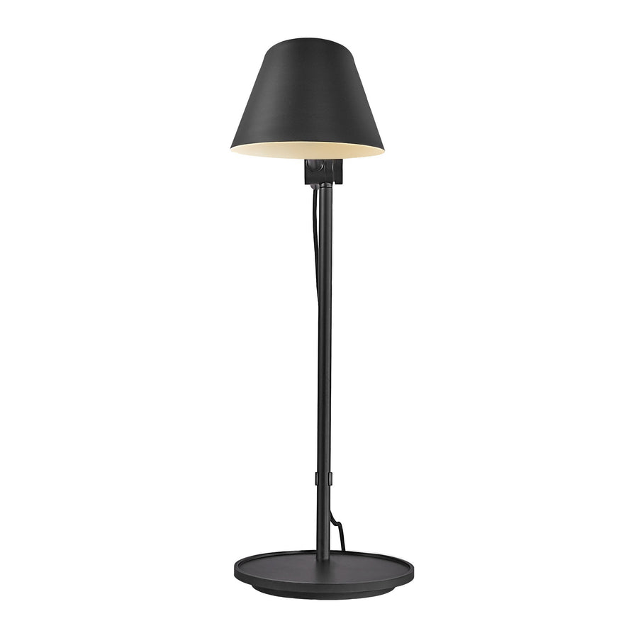 Vue de face du luminaire noir, abat-jour conique et bras vertical