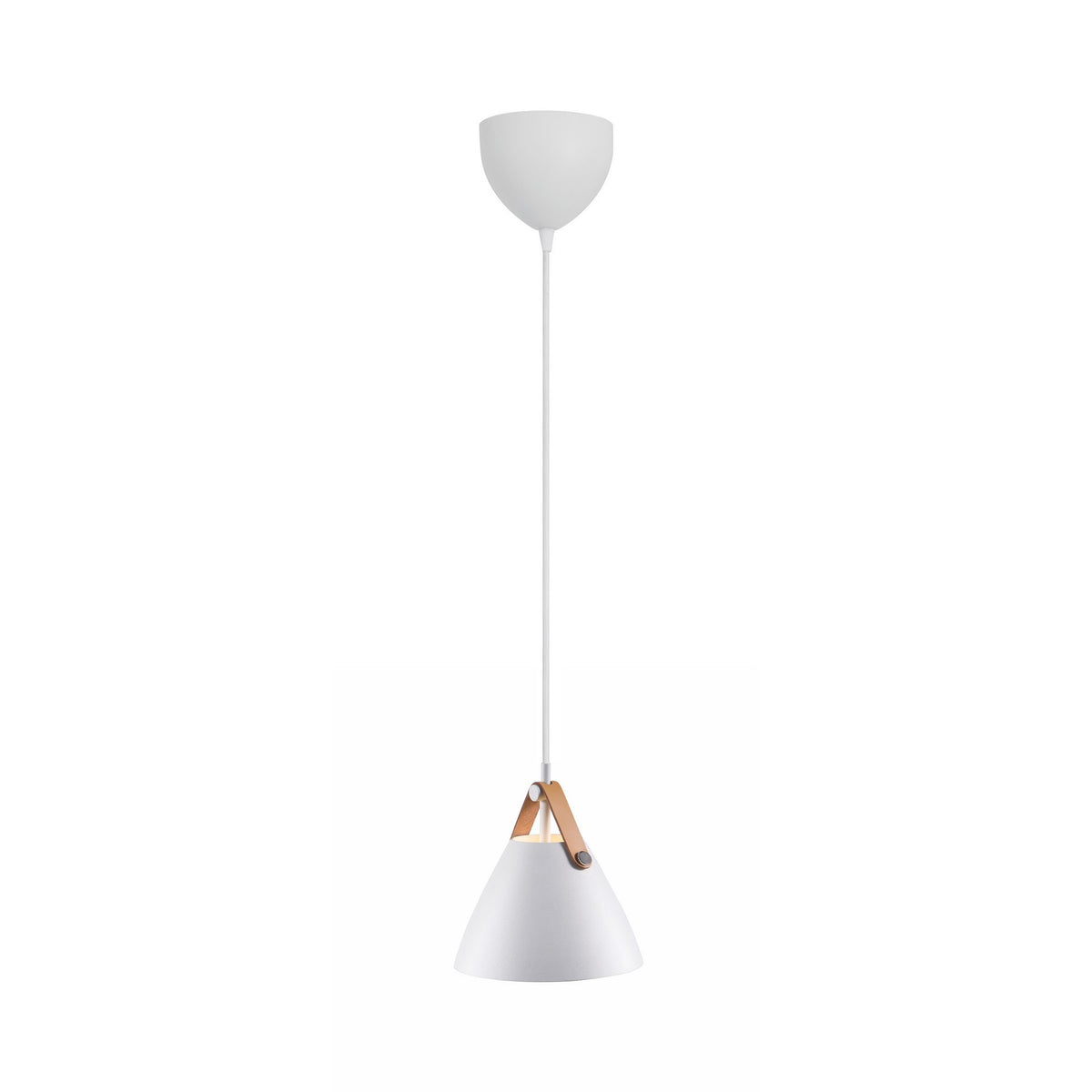 Suspension blanche de face, abat-jour conique et attache en cuir fauve